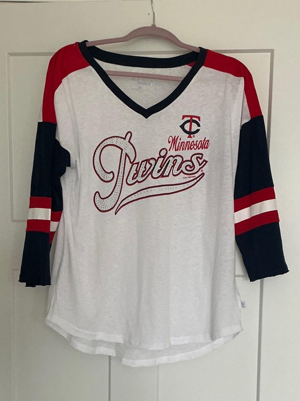 Women's White & Navy Raglan MN Twins Jersey Top
